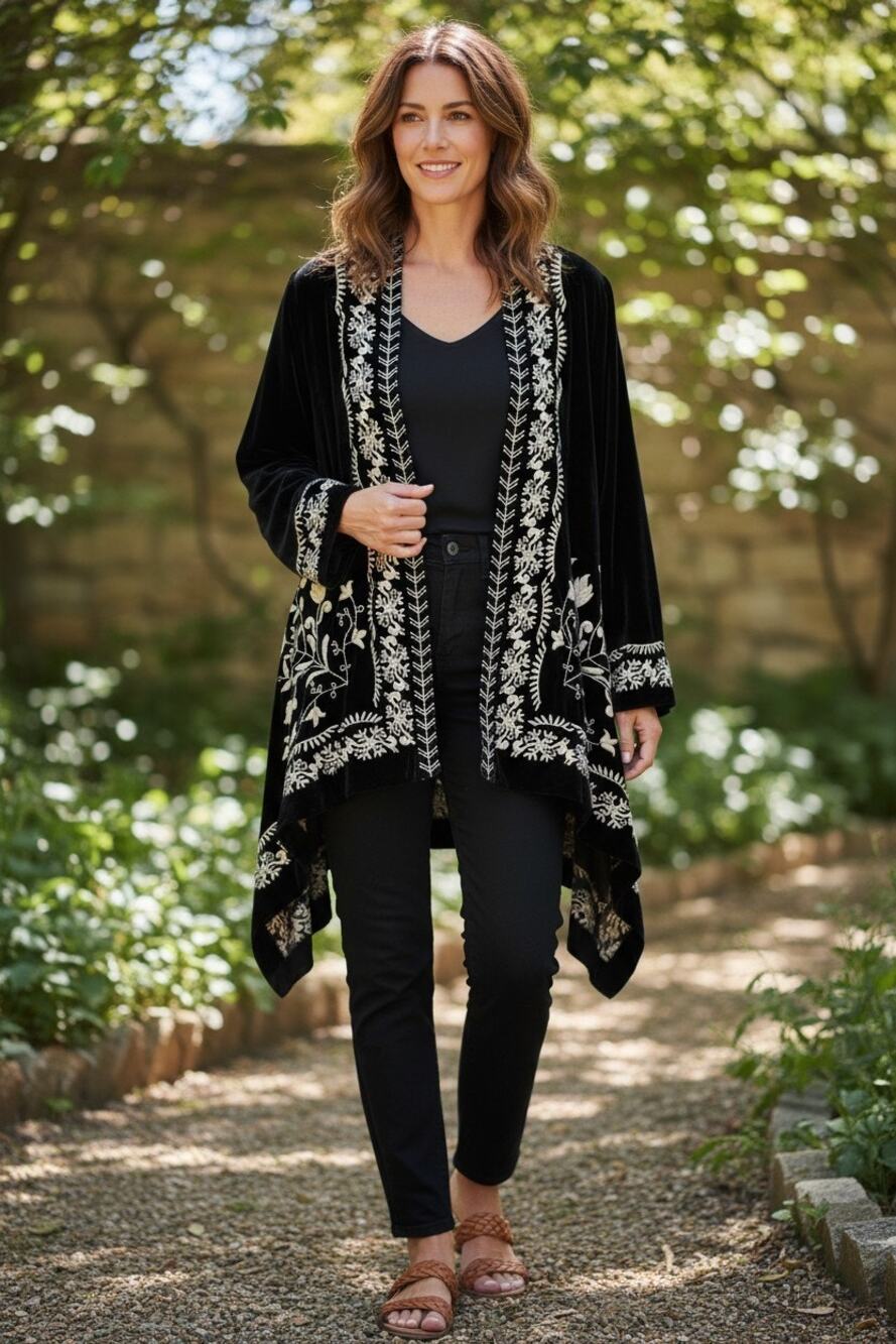 Sundance Left Bank Embroidered black Velvet Cardigan Jacket sz small silk blend